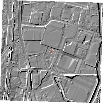 Shaded relief map of the ground around EN37PH, computed from Environment Agency LiDAR. The ground here sits at about 15 m above sea level and falls 6 m across the surrounding 800 m. Surface water reaching this point runs off ground lying to the south-west, 2.6 m higher.