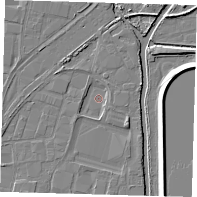 Shaded relief map of the ground around EN37PL, computed from Environment Agency LiDAR. The ground here sits at about 15 m above sea level and falls 9 m across the surrounding 800 m. Surface water reaching this point runs off ground lying to the north-north-east, 2.7 m higher.