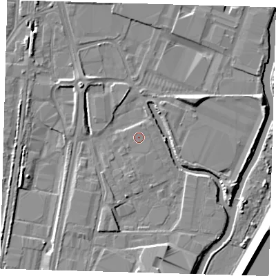 Shaded relief map of the ground around EN37PN, computed from Environment Agency LiDAR. The ground here sits at about 15 m above sea level and falls 10 m across the surrounding 800 m. The ground contributing surface water to this point lies to the north-north-east.