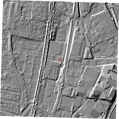 Shaded relief map of the ground around EN37PS, computed from Environment Agency LiDAR. The ground here sits at about 15 m above sea level and falls 6 m across the surrounding 800 m. Surface water reaching this point runs off ground lying to the north-north-west, 3.5 m higher.