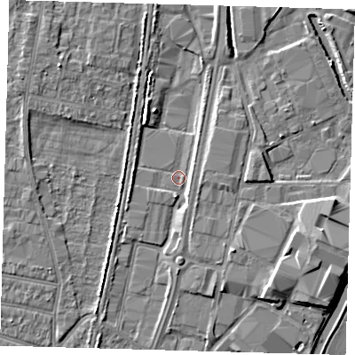 Shaded relief map of the ground around EN37PT, computed from Environment Agency LiDAR. The ground here sits at about 14 m above sea level and falls 6 m across the surrounding 800 m. Surface water reaching this point runs off ground lying to the north-north-west, 3.5 m higher.