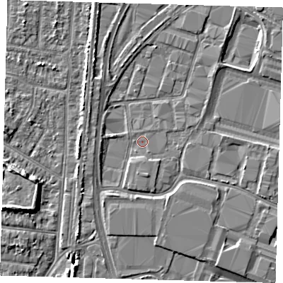 Shaded relief map of the ground around EN37PU, computed from Environment Agency LiDAR. The ground here sits at about 15 m above sea level and falls 7 m across the surrounding 800 m. Surface water reaching this point runs off ground lying to the south-west, 1.1 m higher.