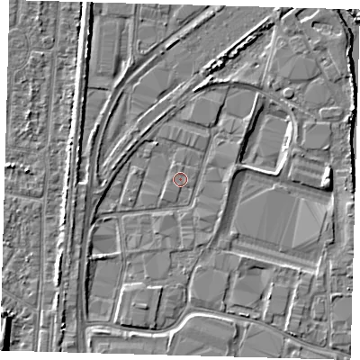 Shaded relief map of the ground around EN37PX, computed from Environment Agency LiDAR. The ground here sits at about 15 m above sea level and falls 5 m across the surrounding 800 m. Surface water reaching this point runs off ground lying to the south-west, 3.0 m higher.