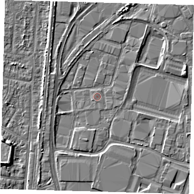 Shaded relief map of the ground around EN37PY, computed from Environment Agency LiDAR. The ground here sits at about 15 m above sea level and falls 5 m across the surrounding 800 m. Surface water reaching this point runs off ground lying to the south-south-east, 0.7 m higher.
