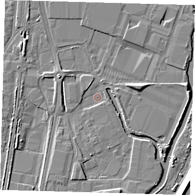 Shaded relief map of the ground around EN37PZ, computed from Environment Agency LiDAR. The ground here sits at about 15 m above sea level and falls 10 m across the surrounding 800 m. Surface water reaching this point runs off ground lying to the east-north-east, 4.5 m higher.