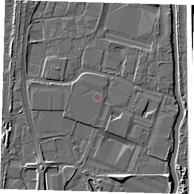 Shaded relief map of the ground around EN37QD, computed from Environment Agency LiDAR. The ground here sits at about 16 m above sea level and falls 10 m across the surrounding 800 m. The ground contributing surface water to this point lies to the north-north-east.
