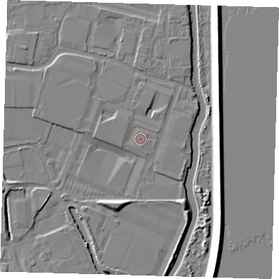 Shaded relief map of the ground around EN37QJ, computed from Environment Agency LiDAR. The ground here sits at about 16 m above sea level and falls 9 m across the surrounding 800 m. The ground contributing surface water to this point lies to the east.
