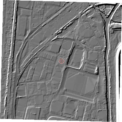 Shaded relief map of the ground around EN37RE, computed from Environment Agency LiDAR. The ground here sits at about 16 m above sea level and falls 9 m across the surrounding 800 m. Surface water reaching this point runs off ground lying to the east-north-east, 0.8 m higher.