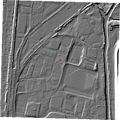 Shaded relief map of the ground around EN37RF, computed from Environment Agency LiDAR. The ground here sits at about 16 m above sea level and falls 9 m across the surrounding 800 m. Surface water reaching this point runs off ground lying to the south-east, 1.0 m higher.