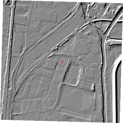 Shaded relief map of the ground around EN37RG, computed from Environment Agency LiDAR. The ground here sits at about 15 m above sea level and falls 9 m across the surrounding 800 m. Surface water reaching this point runs off ground lying to the west-north-west, 1.9 m higher.