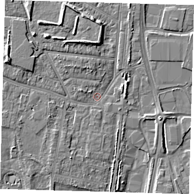 Shaded relief map of the ground around EN37SB, computed from Environment Agency LiDAR. The ground here sits at about 15 m above sea level and falls 8 m across the surrounding 800 m. Surface water reaching this point runs off ground lying to the north-north-west, 5.4 m higher.