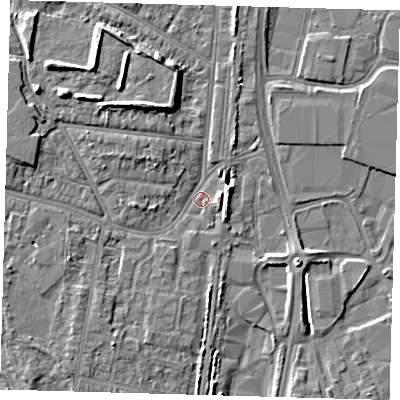 Shaded relief map of the ground around EN37SH, computed from Environment Agency LiDAR. The ground here sits at about 15 m above sea level and falls 8 m across the surrounding 800 m. Surface water reaching this point runs off ground lying to the north-west, 6.1 m higher.