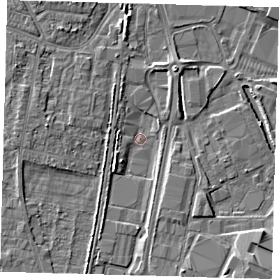 Shaded relief map of the ground around EN37SN, computed from Environment Agency LiDAR. The ground here sits at about 14 m above sea level and falls 7 m across the surrounding 800 m. Surface water reaching this point runs off ground lying to the west-south-west, 3.1 m higher.