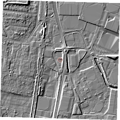 Shaded relief map of the ground around EN37SX, computed from Environment Agency LiDAR. The ground here sits at about 15 m above sea level and falls 7 m across the surrounding 800 m. Surface water reaching this point runs off ground lying to the north-north-east, 5.4 m higher.