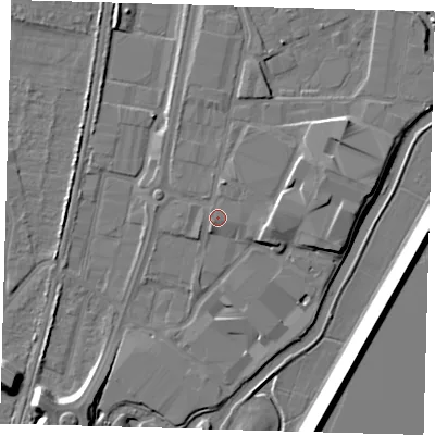 Shaded relief map of the ground around EN37UA, computed from Environment Agency LiDAR. The ground here sits at about 16 m above sea level and falls 10 m across the surrounding 800 m. Surface water reaching this point runs off ground lying to the east, 2.4 m higher.