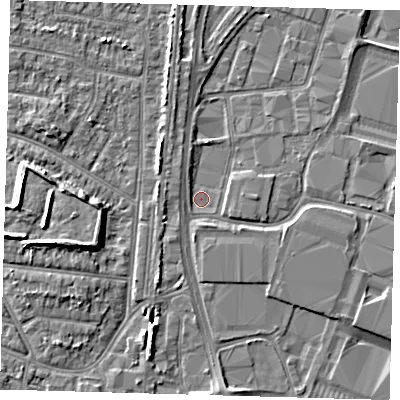 Shaded relief map of the ground around EN37UU, computed from Environment Agency LiDAR. The ground here sits at about 15 m above sea level and falls 8 m across the surrounding 800 m. Surface water reaching this point runs off ground lying to the north-west, 1.6 m higher.