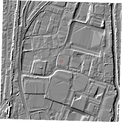 Shaded relief map of the ground around EN37UY, computed from Environment Agency LiDAR. The ground here sits at about 16 m above sea level and falls 5 m across the surrounding 800 m. The ground contributing surface water to this point lies to the south-south-west.