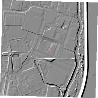 Shaded relief map of the ground around EN37XA, computed from Environment Agency LiDAR. The ground here sits at about 15 m above sea level and falls 9 m across the surrounding 800 m. Surface water reaching this point runs off ground lying to the south-south-east, 4.5 m higher.