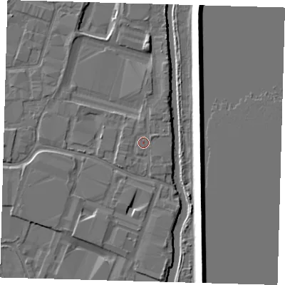 Shaded relief map of the ground around EN37XF, computed from Environment Agency LiDAR. The ground here sits at about 16 m above sea level and falls 9 m across the surrounding 800 m. Surface water reaching this point runs off ground lying to the north, 0.6 m higher.