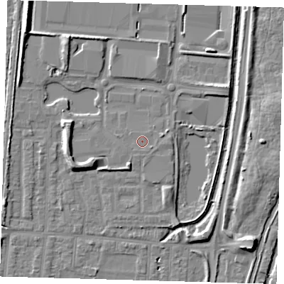 Shaded relief map of the ground around EN37XH, computed from Environment Agency LiDAR. The ground here sits at about 18 m above sea level and falls 8 m across the surrounding 800 m. The ground contributing surface water to this point lies to the south-west.