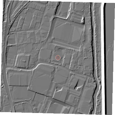 Shaded relief map of the ground around EN37XJ, computed from Environment Agency LiDAR. The ground here sits at about 15 m above sea level and falls 9 m across the surrounding 800 m. Surface water reaching this point runs off ground lying to the east-north-east, 1.5 m higher.