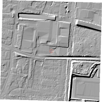 Shaded relief map of the ground around EN37XQ, computed from Environment Agency LiDAR. The ground here sits at about 17 m above sea level and falls 15 m across the surrounding 800 m. Surface water reaching this point runs off ground lying to the west, 5.1 m higher.