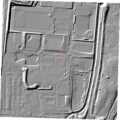 Shaded relief map of the ground around EN37XU, computed from Environment Agency LiDAR. The ground here sits at about 17 m above sea level and falls 9 m across the surrounding 800 m. Surface water reaching this point runs off ground lying to the south, 1.7 m higher.