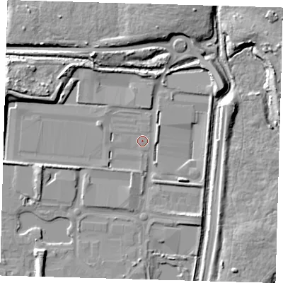 Shaded relief map of the ground around EN37XY, computed from Environment Agency LiDAR. The ground here sits at about 17 m above sea level and falls 14 m across the surrounding 800 m. Surface water reaching this point runs off ground lying to the east, 2.5 m higher.