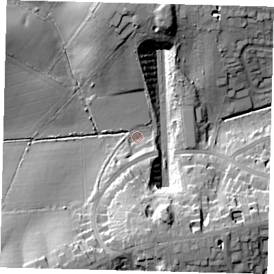 Shaded relief map of the ground around EN40EH, computed from Environment Agency LiDAR. The ground here sits at about 84 m above sea level and falls 30 m across the surrounding 800 m. Surface water reaching this point runs off ground lying to the south-west, 26.9 m higher.