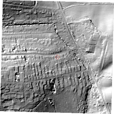 Shaded relief map of the ground around EN40EU, computed from Environment Agency LiDAR. The ground here sits at about 76 m above sea level and falls 30 m across the surrounding 800 m. Surface water reaching this point runs off ground lying to the west-south-west, 20.3 m higher.