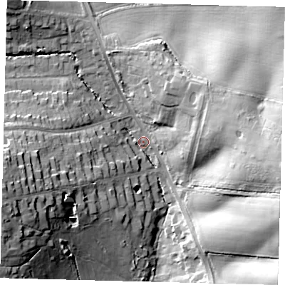 Shaded relief map of the ground around EN40HH, computed from Environment Agency LiDAR. The ground here sits at about 71 m above sea level and falls 28 m across the surrounding 800 m. Surface water reaching this point runs off ground lying to the west-south-west, 22.6 m higher.