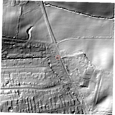 Shaded relief map of the ground around EN40HJ, computed from Environment Agency LiDAR. The ground here sits at about 75 m above sea level and falls 34 m across the surrounding 800 m. Surface water reaching this point runs off ground lying to the north-east, 3.4 m higher.