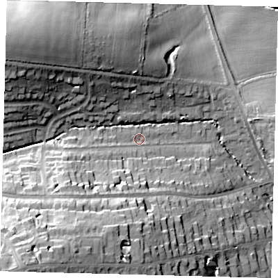 Shaded relief map of the ground around EN40HY, computed from Environment Agency LiDAR. The ground here sits at about 76 m above sea level and falls 37 m across the surrounding 800 m. Surface water reaching this point runs off ground lying to the south-west, 12.2 m higher.