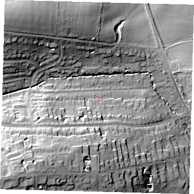 Shaded relief map of the ground around EN40HZ, computed from Environment Agency LiDAR. The ground here sits at about 77 m above sea level and falls 35 m across the surrounding 800 m. Surface water reaching this point runs off ground lying to the south-west, 12.0 m higher.