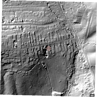 Shaded relief map of the ground around EN40JP, computed from Environment Agency LiDAR. The ground here sits at about 79 m above sea level and falls 31 m across the surrounding 800 m. Surface water reaching this point runs off ground lying to the west, 19.5 m higher.