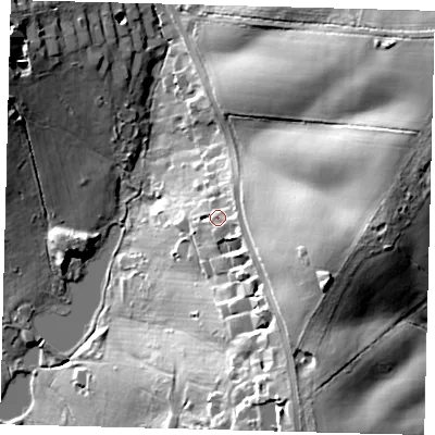 Shaded relief map of the ground around EN40JS, computed from Environment Agency LiDAR. The ground here sits at about 79 m above sea level and falls 40 m across the surrounding 800 m. Surface water reaching this point runs off ground lying to the south-east, 6.2 m higher.