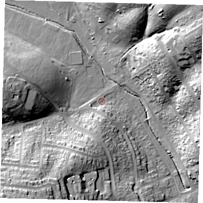 Shaded relief map of the ground around EN48JP, computed from Environment Agency LiDAR. The ground here sits at about 41 m above sea level and falls 35 m across the surrounding 800 m. Surface water reaching this point runs off ground lying to the south, 4.6 m higher.