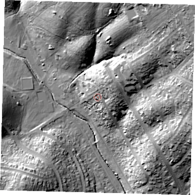 Shaded relief map of the ground around EN48JR, computed from Environment Agency LiDAR. The ground here sits at about 51 m above sea level and falls 47 m across the surrounding 800 m. Surface water reaching this point runs off ground lying to the north-east, 12.5 m higher.