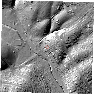 Shaded relief map of the ground around EN48JS, computed from Environment Agency LiDAR. The ground here sits at about 48 m above sea level and falls 46 m across the surrounding 800 m. Surface water reaching this point runs off ground lying to the east-north-east, 10.9 m higher.