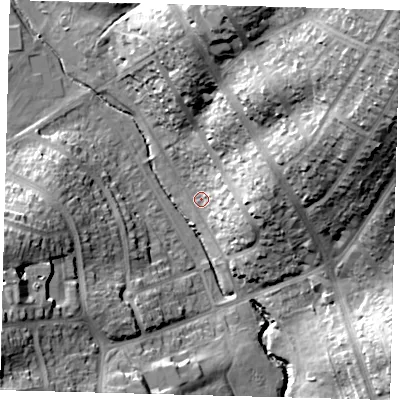 Shaded relief map of the ground around EN48JU, computed from Environment Agency LiDAR. The ground here sits at about 40 m above sea level and falls 46 m across the surrounding 800 m. Surface water reaching this point runs off ground lying to the east, 18.4 m higher.