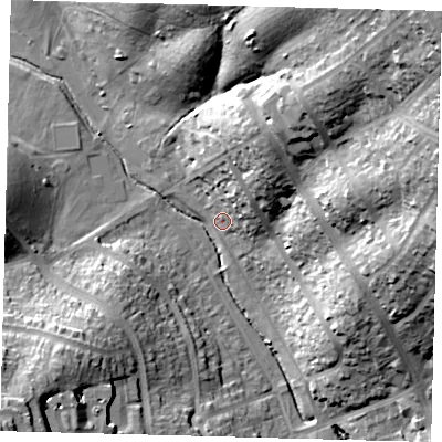 Shaded relief map of the ground around EN48JX, computed from Environment Agency LiDAR. The ground here sits at about 43 m above sea level and falls 45 m across the surrounding 800 m. Surface water reaching this point runs off ground lying to the north-east, 18.4 m higher.