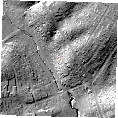 Shaded relief map of the ground around EN48LE, computed from Environment Agency LiDAR. The ground here sits at about 47 m above sea level and falls 48 m across the surrounding 800 m. Surface water reaching this point runs off ground lying to the east-north-east, 11.3 m higher.