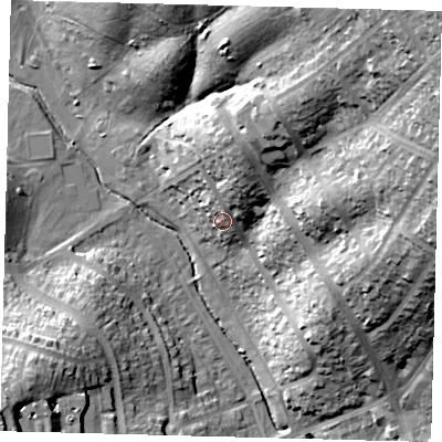 Shaded relief map of the ground around EN48LF, computed from Environment Agency LiDAR. The ground here sits at about 49 m above sea level and falls 47 m across the surrounding 800 m. Surface water reaching this point runs off ground lying to the north-north-east, 7.7 m higher.