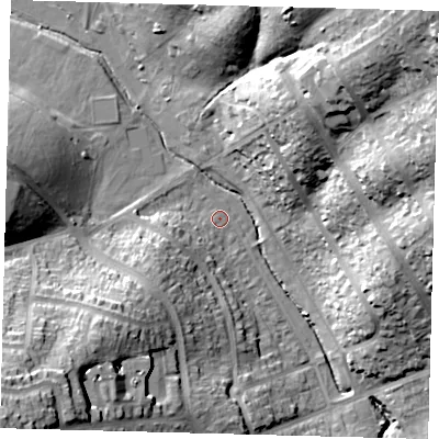 Shaded relief map of the ground around EN48NT, computed from Environment Agency LiDAR. The ground here sits at about 40 m above sea level and falls 40 m across the surrounding 800 m. Surface water reaching this point runs off ground lying to the west-south-west, 5.7 m higher.
