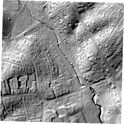Shaded relief map of the ground around EN48NU, computed from Environment Agency LiDAR. The ground here sits at about 39 m above sea level and falls 41 m across the surrounding 800 m. Surface water reaching this point runs off ground lying to the west-south-west, 3.9 m higher.