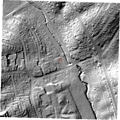 Shaded relief map of the ground around EN48NX, computed from Environment Agency LiDAR. The ground here sits at about 39 m above sea level and falls 41 m across the surrounding 800 m. Surface water reaching this point runs off ground lying to the south-west, 8.7 m higher.