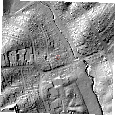 Shaded relief map of the ground around EN48NY, computed from Environment Agency LiDAR. The ground here sits at about 42 m above sea level and falls 38 m across the surrounding 800 m. Surface water reaching this point runs off ground lying to the south-west, 8.0 m higher.
