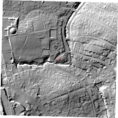 Shaded relief map of the ground around EN49QA, computed from Environment Agency LiDAR. The ground here sits at about 56 m above sea level and falls 34 m across the surrounding 800 m. Surface water reaching this point runs off ground lying to the west-north-west, 14.8 m higher.