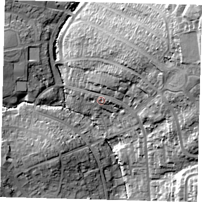 Shaded relief map of the ground around EN49QF, computed from Environment Agency LiDAR. The ground here sits at about 60 m above sea level and falls 42 m across the surrounding 800 m. Surface water reaching this point runs off ground lying to the north-east, 10.6 m higher.