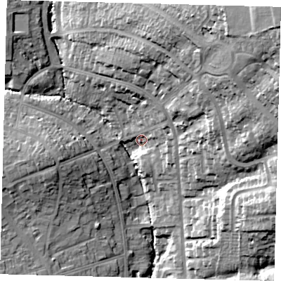 Shaded relief map of the ground around EN49RB, computed from Environment Agency LiDAR. The ground here sits at about 54 m above sea level and falls 47 m across the surrounding 800 m. Surface water reaching this point runs off ground lying to the north-east, 41.3 m higher.